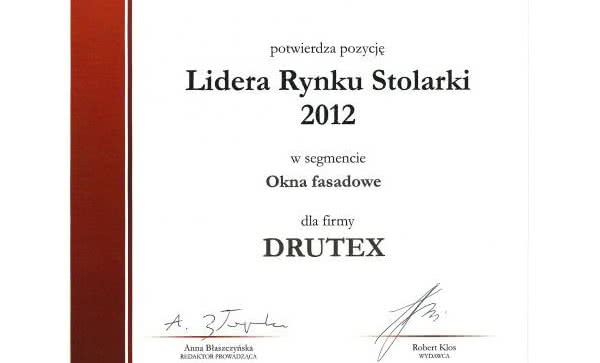 Tytuł Lidera Rynku Stolarki oraz Profesjonalnego PR-u w Branży Stolarki dla firmy DRUTEX S.A.